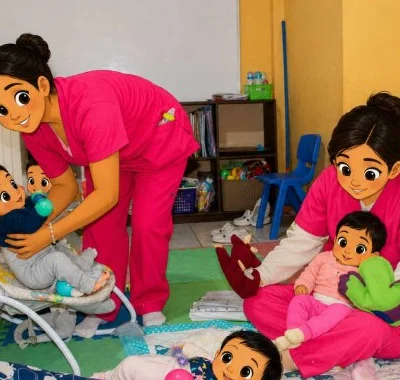 Cuidadora del Hogar atendiendo con cariño a dos bebés